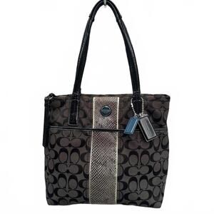 COACH 2000s Signature Brown Logo Jacquard Snake Print Detail Tote Bag